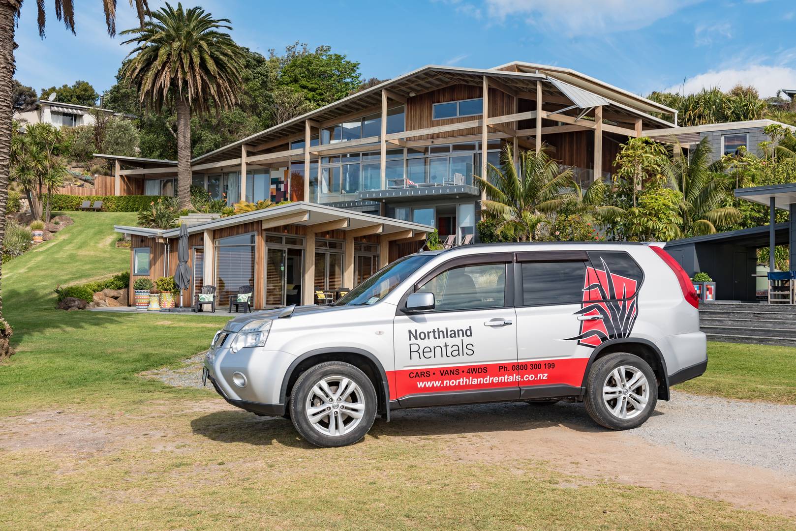 Northland Rentals car at the Golden Sand beachfront accommodation